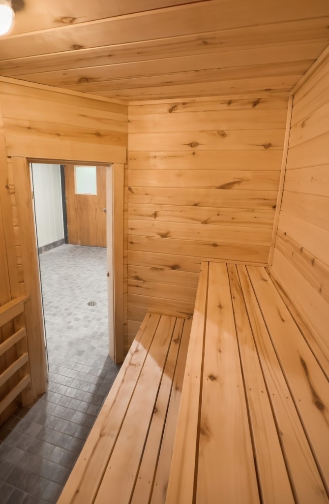 Interior view of Aspen sauna showing two-tier benches