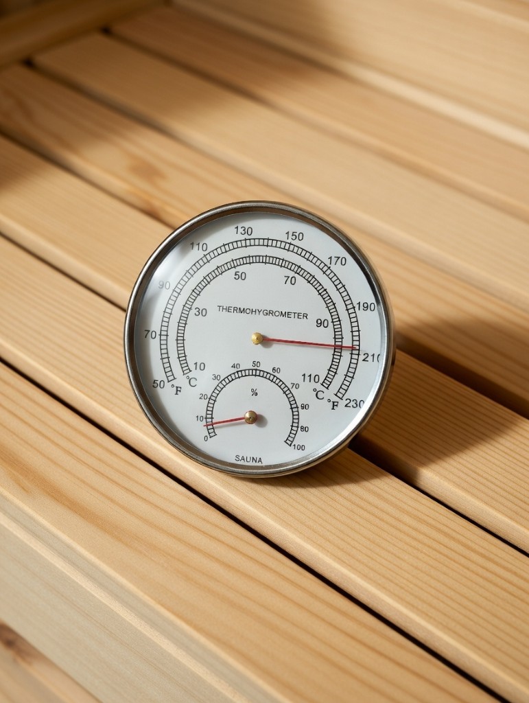 Sauna thermohygrometer resting on Aspen wood bench